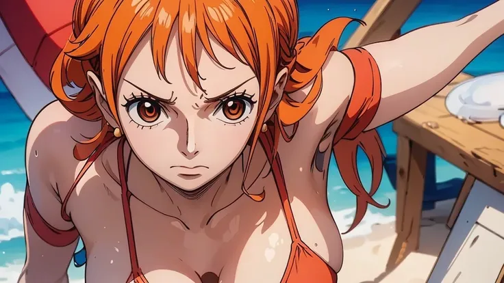 An Arafe woman wears a bikini top and red super miniskirt, nami one piece, uma obra-prima , Retrato bonito de Nami, nami from one piece,Nami em super minissaia vermelha, arte de anime digital detalhada, Cute Exirobat showing white pants, Muito detalhado Ar...