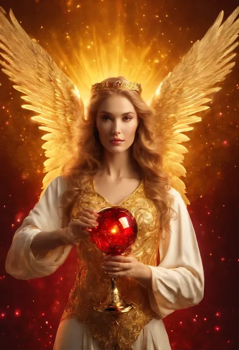 ((Golden angel)), ((hold a ruby glass chalice )), biomechanics, odd, effrayant, Cauchemar, Very bright colors, light particles, with bright light, UHD wallpaper