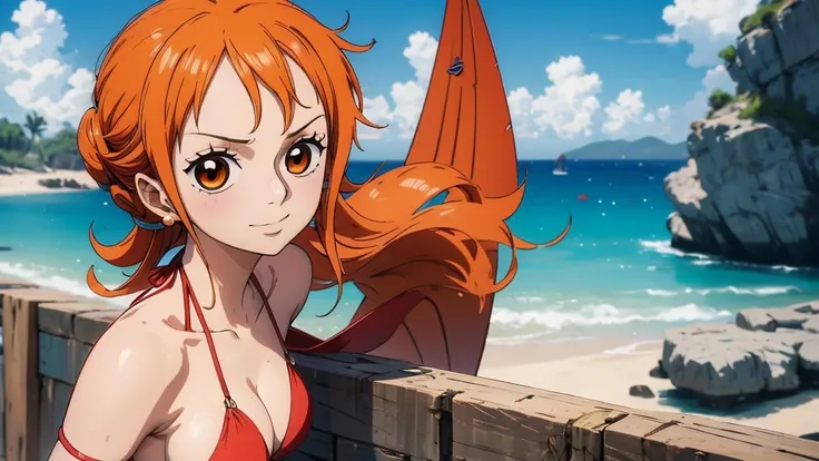 Nami Arafe wears a bikini top and super red miniskirt, uma obra-prima , Retrato bonito de Nami, nami from one piece,Nami em super minissaia vermelha, arte de anime digital detalhada, Cute Exirobat showing white pants, Muito detalhes Artgerm haha, deviantar...