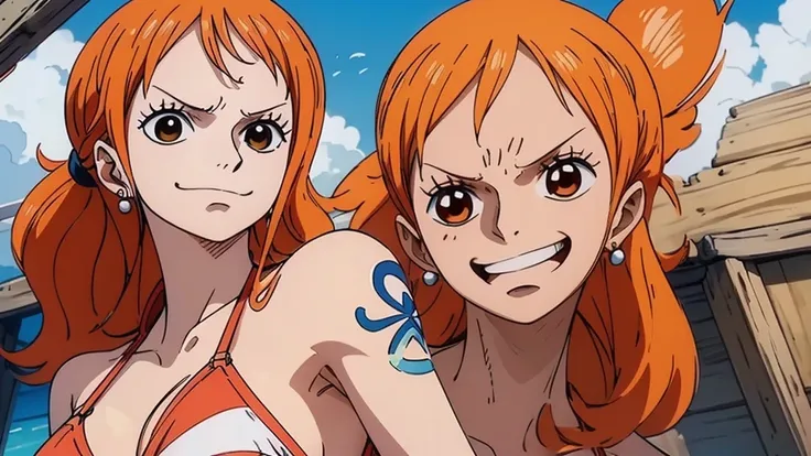 An Arafe woman wears a bikini top and super red mini skirt, nami one piece, uma obra-prima , Retrato bonito de Nami, nami from one piece,Nami em super minissaia vermelha, arte de anime digital detalhada, Cute Exirobat showing white pants, Muito detalhes Ar...