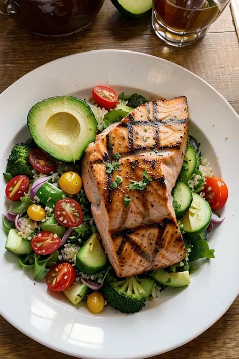 Generate an image of a vibrant and balanced lunch plate featuring a grilled salmon fillet seasoned with herbs, a colorful quinoa and vegetable salad with cherry tomatoes, cucumber, and bell peppers, accompanied by a side of steamed broccoli and a small por...