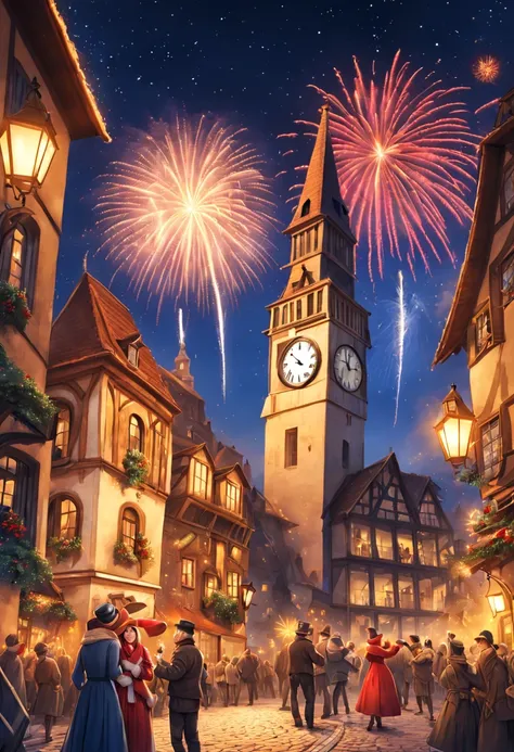 New Years Eve celebration in a quaint European village square, fireworks bursting in starry sky, cobblestone streets, revelers in festive attire, ancient clock tower striking midnight, (warm glowing lights:1.2) (vibrant colors) (high detail) (photorealisti...