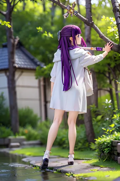 1 girl、(body floating)、full body description、slim、accurate line of sight、blue eyes、smile、purple hair、long hair、white dress、woode...