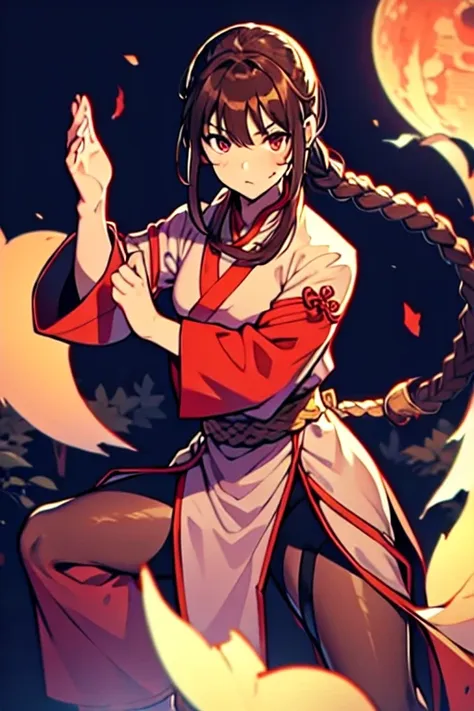 lei kugo live a live, qipao, chinese clothes, traditional clothes, action pose, full body, brown hair, braided hair, scars on fa...