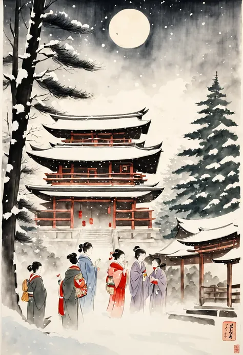 A horizontal New Years scroll painting in Japanese sumi-e style showing a tranquil shrine in Kyoto with families dressed in elegant kimono ringing the temple bell at midnight to welcome the new year. Snow is falling gently and the full moon illuminates the...