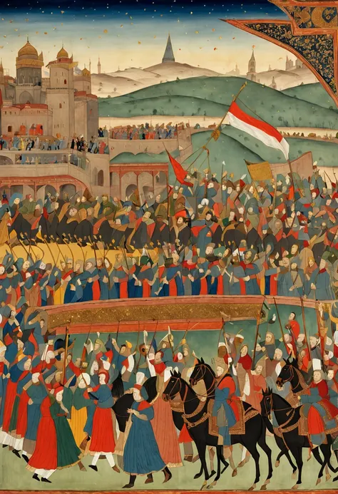 A long horizontal New Years scroll painting in medieval Persian style showing a royal procession on horseback traveling to the palace for Nowruz celebrations. Soldiers carrying banners lead the Shah and his entourage over a bridge decorated with lanterns t...