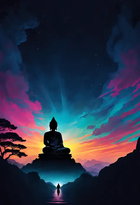 clear lines silhouette art colorful sky backlight all black buddha silhouette art fantasy art high definition