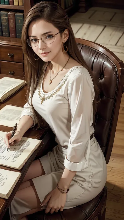 22 year old white female、hair color is brown、brown eyes、long hair、straight hair、accessories on wrist、wearing a necklace、has earrings、skin is smooth、Slender but muscular body、smile、Inside a historic library、I am sitting on a chair in front of a desk with ma...