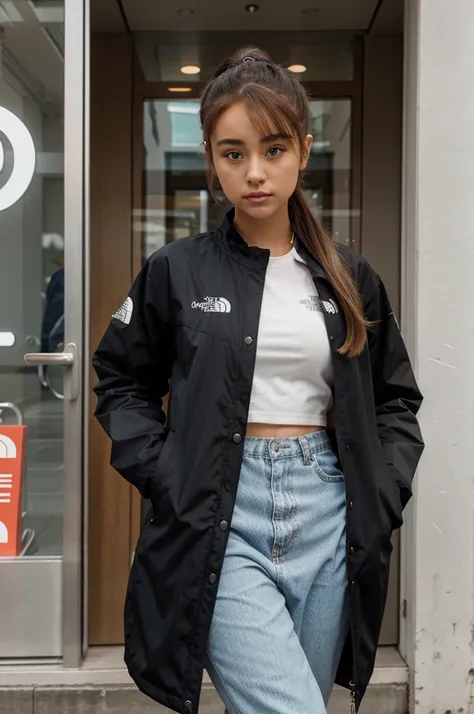 a beautiful girl is standing in front of the north face store. looks a bit like Ariana Grande