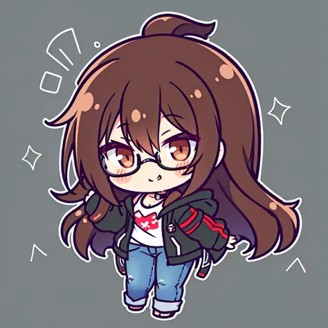 a cute chibi manga woman with shoulder-length brown hair and black glasses. Black hooded jacket and jeans. Winks cheekily.