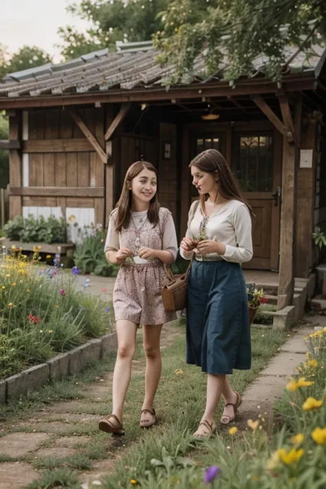 Lily and Emily exploring the village together, picking wildflowers.
Lily crafting with leaves and twigs while Emily shares stories.
