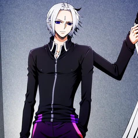 Tall Slender pale male, white hair and purple eyes, tight black shirt and grey sweatpants.