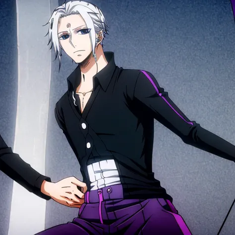 Tall Slender pale male, white hair and purple eyes, tight black shirt and grey sweatpants.