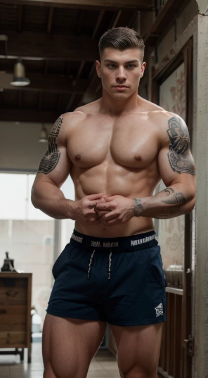 White young man , ranger , tribal tattoos on forearm,18 years old, military haircut, black hair, blue eyes fixed, intense gaze, affiliated features, no facial hair, height 1.93, weight 100 kg, aesthetic muscular build, broad shoulders, V-shaped body, full ...