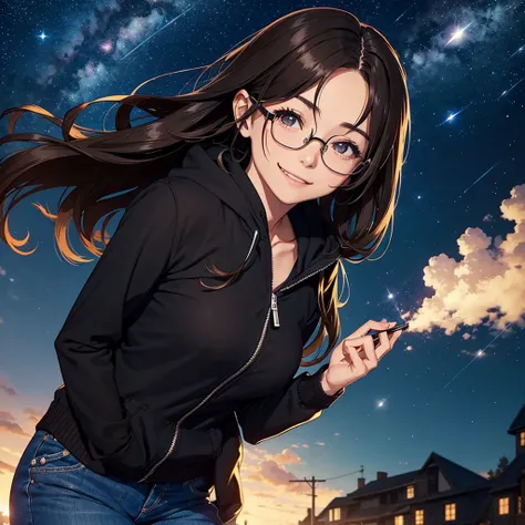 one person picture, a manga woman , 30 years, with shoulder-length brown hair, free forehead, hair left and right on the face. black glasses. Black hooded jacket and jeans. Smiles gently. Looks dreamily into a beautiful night sky with many shooting stars, ...