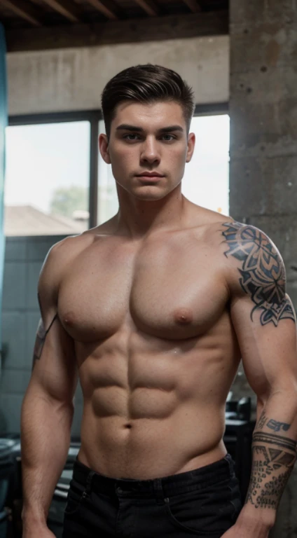 White young man , ranger , tribal tattoos on forearms ,18 years old, military haircut, black hair, blue eyes fixed, intense gaze, affiliated features, no facial hair, height 1.93, weight 100 kg, aesthetic muscular build, broad shoulders, V-shaped body, ful...