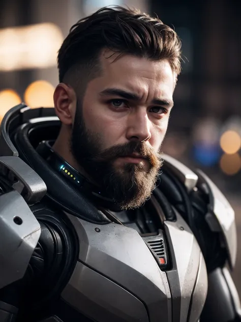 close up Portrait photo of muscular bearded guy in a worn mech suit, ((light bokeh)), intricaeel metal [rusegant, sharp focus, photo by greg rutkowski, soft lighting, vibrant colors, masterpiece, ((streets)), detailed Facebook 