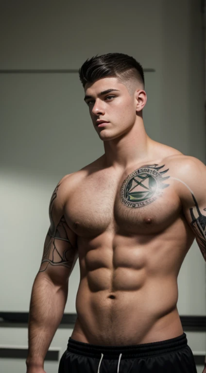 White young man , lacrosse player , half tattoos on  forearms , 18 years old, lowe taper fade haircut, black hair, green eyes fixed, intense gaze, affiliated features, no facial hair, height 1.93, weight 100 kg, aesthetic muscular build, broad shoulders, V...