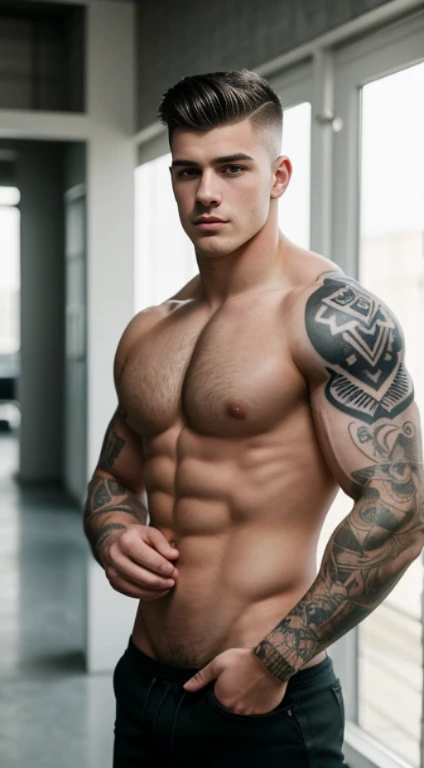 White young man , rugby player , blackwork half tattoos on  forearms , 18 years old, lowe taper fade haircut, black hair, green eyes fixed, affiliated features, no facial hair, height 1.93, weight 100 kg, aesthetic muscular build, broad shoulders, V-shaped...