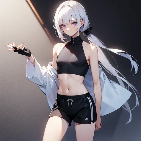 Tall Slender pale male, white hair and purple eyes, black crop top and white shorts