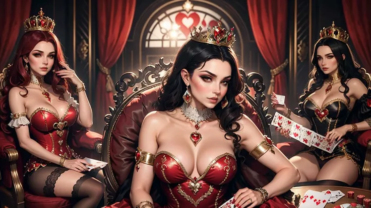 Em um luxuoso cassino, A stunning woman wears an exquisite dress adorned with heart symbols, embodying the royal presence of the Queen of Hearts. Surrounded by a backdrop of poker cards and chips, She exudes confidence and seduction, convidando os jogadore...