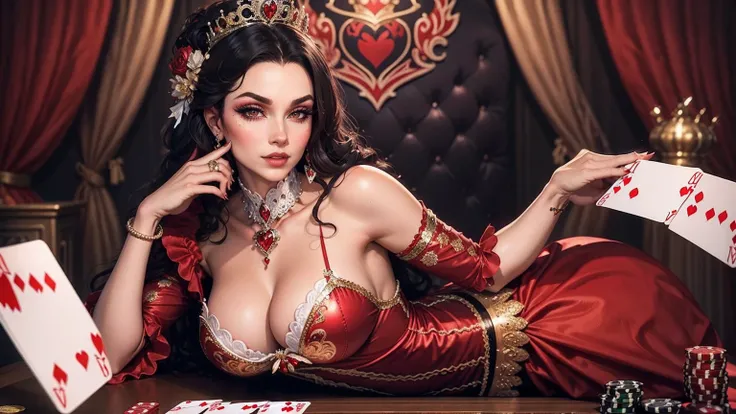 Em um luxuoso cassino, A stunning woman wears an exquisite dress adorned with heart symbols, embodying the royal presence of the Queen of Hearts. Surrounded by a backdrop of poker cards and chips, She exudes confidence and seduction, convidando os jogadore...