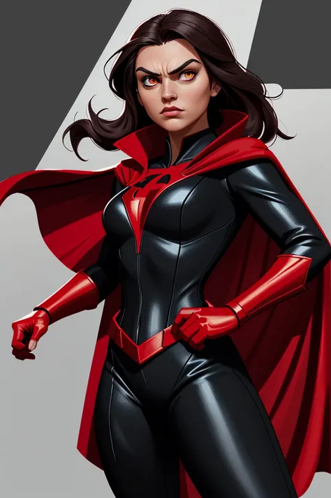 Create a superhero image with a red and black jumpsuit, a cape, and bright eyes. The superhero should have a commanding stance and be ready for action.