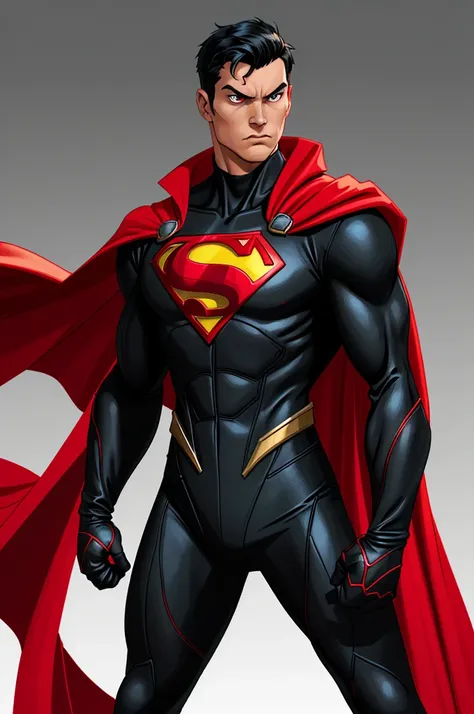 ((homme)), create a superhero image with a red and black jumpsuit, a cape, and bright eyes. the superhero should have a commandi...