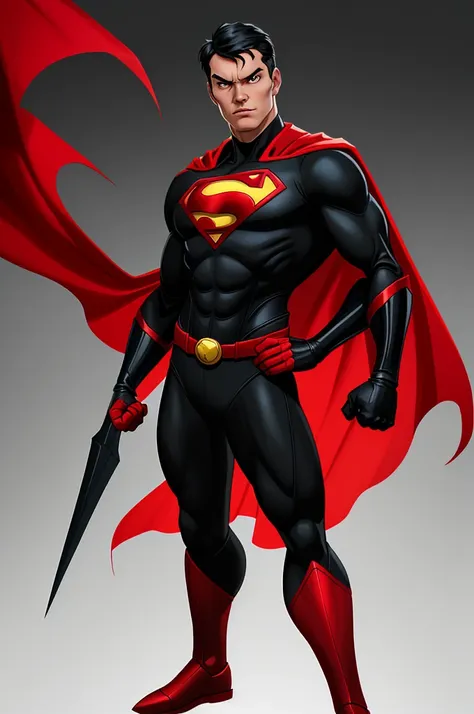 ((homme)), create a superhero image with a red and black jumpsuit, a cape, and bright eyes. the superhero should have a commandi...