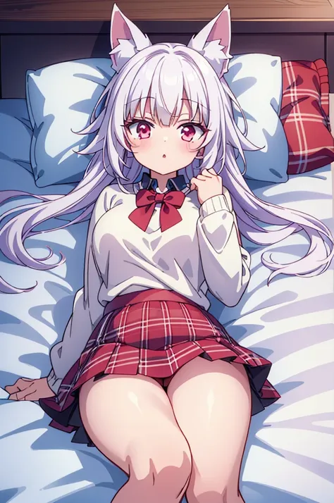 lying on bed, (masterpiece), best quality, my foxy girlfriend - fuku, medium breasts, white fox ears, one white fox tail, round face, white hair, white skin, cute girl, innocent , medium size, teenager, light pink sweater, white thighs high,red tie hidden ...