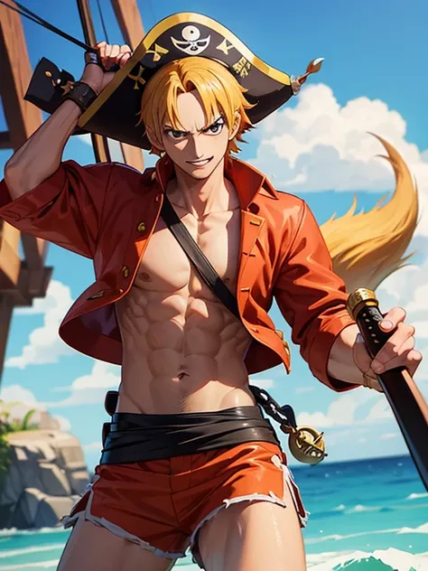 Man with fox features holding a pirate sword, em um navio pirata, vestindo roupas escuras de pirata, estilo One Piece