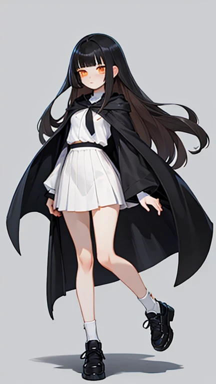 1girl, (skinny, tall), small breast, long straight hair, dark hair, blunt bangs, sidelocks, blunt ends, orange eyes, cold look, (short cape), black tie, white shirt, long sleeves, long black skirt, white socks, black shoes, full body