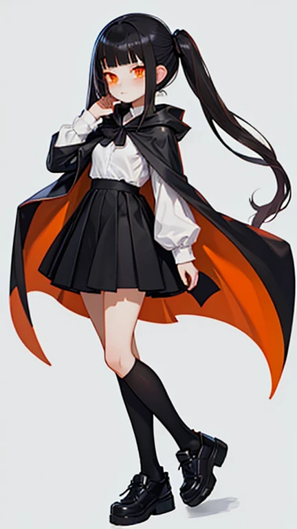 1girl, (skinny, tall), small breast, long straight hair, dark hair, blunt bangs, sidelocks, blunt ends, orange eyes, cold look, (short cape), black tie, white shirt, long sleeves, long black skirt, white socks, black shoes, full body