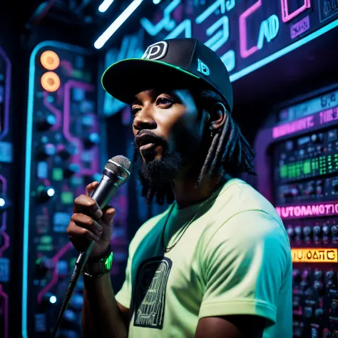 cinematic ((half body)) portrait photo of an afro american 30 y.o. trip-hop rap singer male with ((long)) black rasta hair and mustache and round beard ((speaking in a microphone)) in front of a (((futuristic circuit board tunnel, neon signs, neon lights, ...