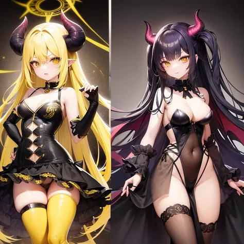 Demon girl. 16. Yellow hair. Black horns. Yellow and blavk devil tail. Semi small boobs. Nice ass. Yellow eyes. Black and yellow split thigh dress. Revealing clothes. Black and yellow Stockings. Showing legs and stomach. See through clothes