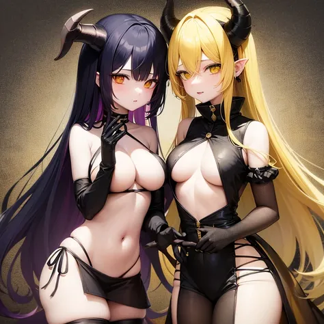 Demon girl. 16. Yellow hair. Black horns. Yellow and blavk devil tail. Semi small boobs. Nice ass. Yellow eyes. Black and yellow split thigh dress. Revealing clothes. Black and yellow Stockings. Showing legs and stomach. See through clothes