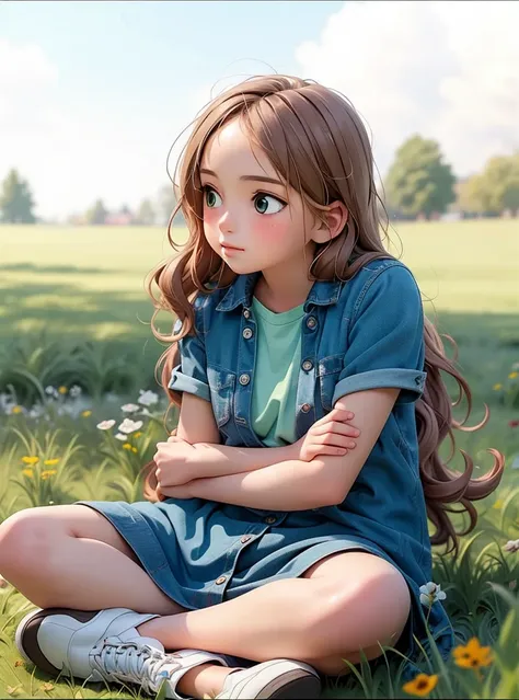 ((masterpiece)), (beautiful image), (best candid photo), 12 years old girl, girl sitting on the grass, anime girl, outside alone...