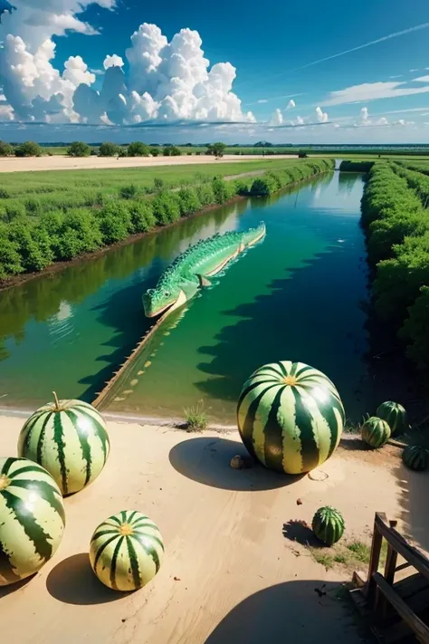 lagoon surrounded by watermelons and alligators