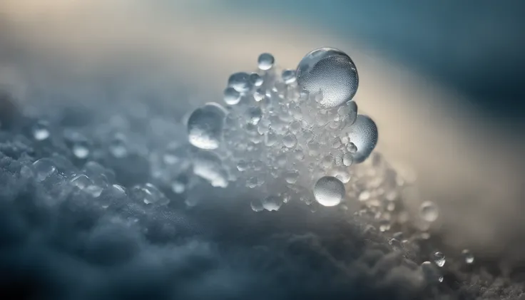 a detailed macro shot of a section of a cumulus nimbus cloud, zooming in on the individual water droplets or ice crystals within, showcasing their delicate and intricate nature