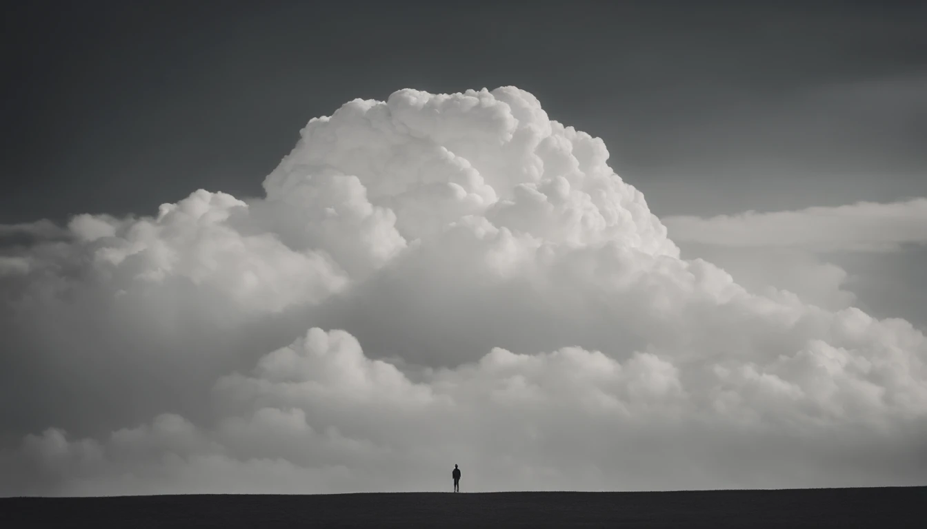 a minimalistic shot of a solitary cumulus nimbus cloud against a plain, monochromatic background, emphasizing its beauty and simplicity