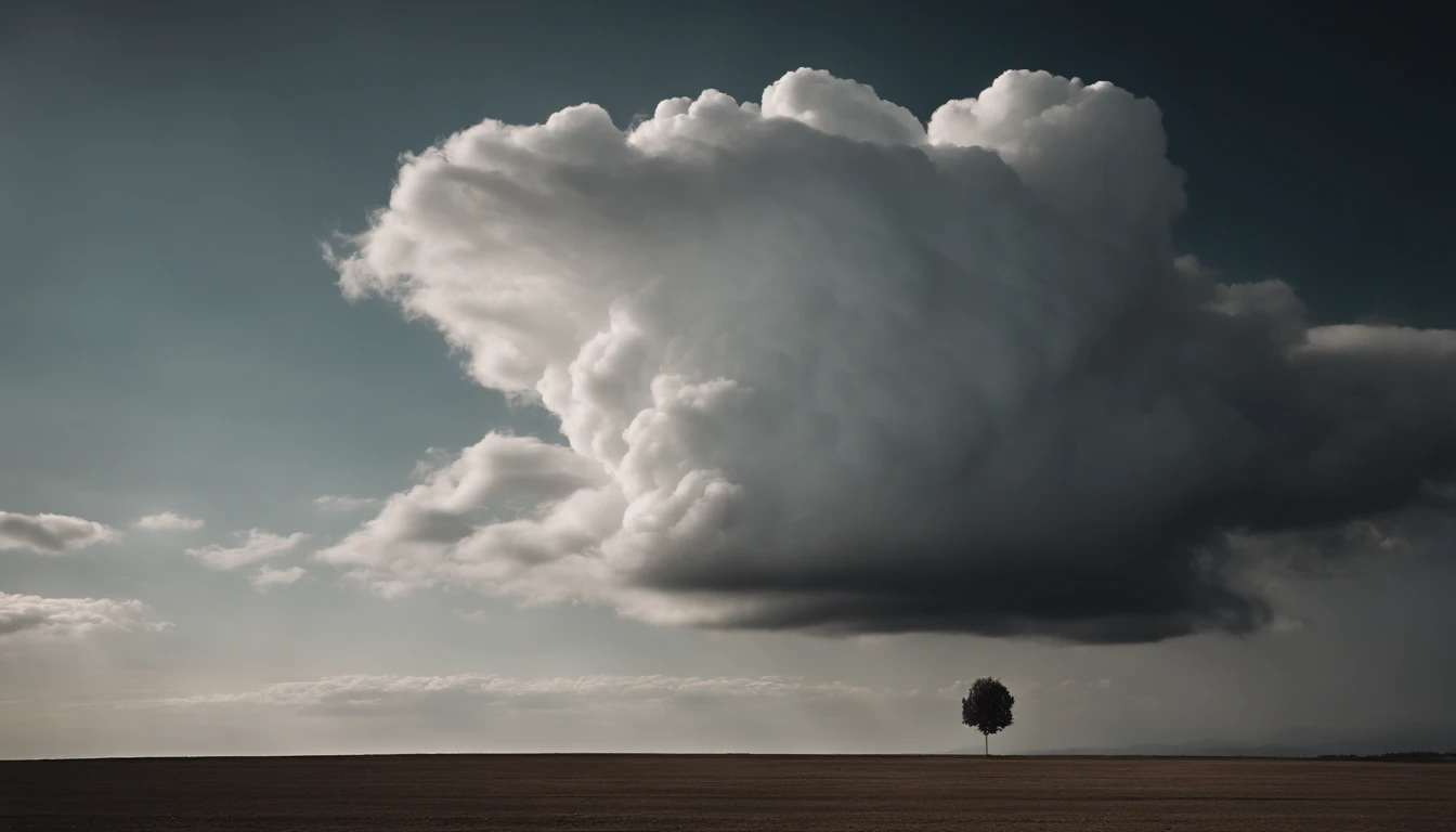 a minimalistic shot of a solitary cumulus nimbus cloud against a plain, monochromatic background, emphasizing its beauty and simplicity