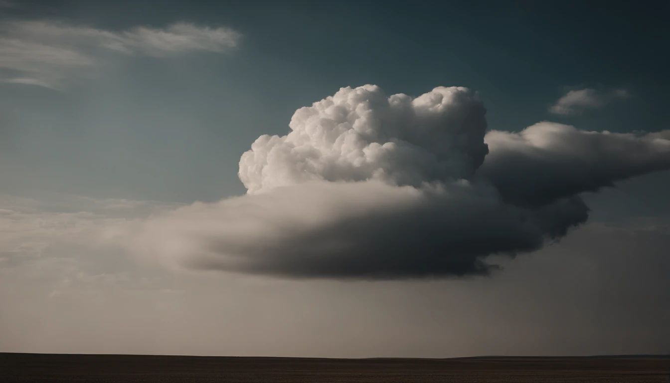 a minimalistic shot of a solitary cumulus nimbus cloud against a plain, monochromatic background, emphasizing its beauty and simplicity