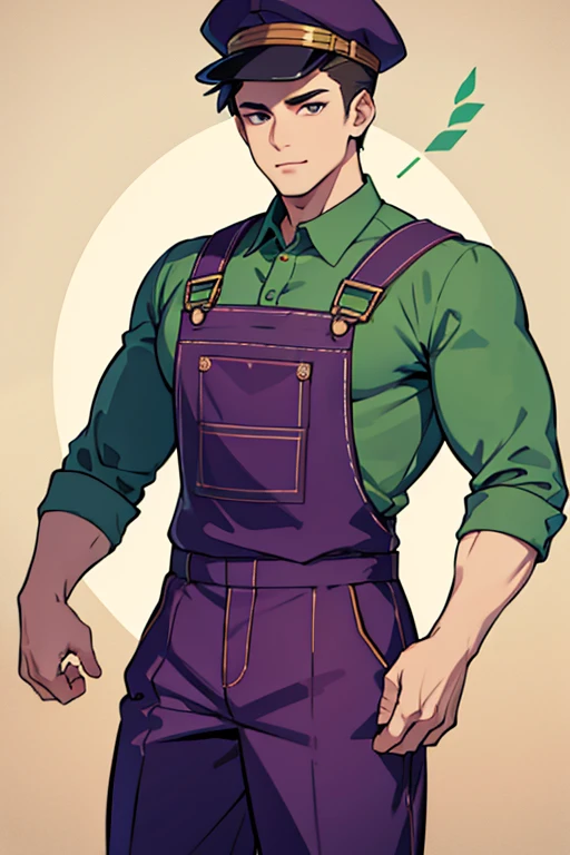 character sheet, circle eyes, grape, men, fang, man, 8k, super detail, best quality, overalls, green blouse, grape man, manly, muscular, hat, character sheet, detailed face, best quality, character design