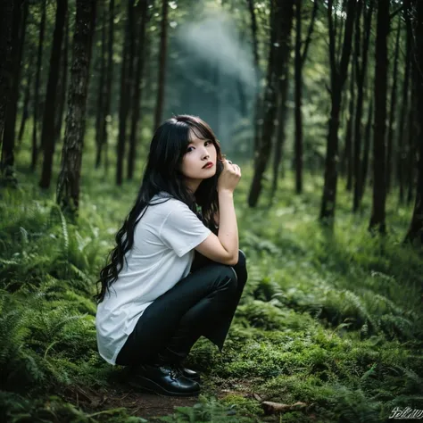 Beautyfull girl , Black t shirt , black long pant , black long hair, black shoes , black armband , forest vibes , dark cloud , white cloud  , tomb , skeleton , skull , wolf , bat , demons , satan , lucifer , satanism moon , mist , flower in hair , colorful...