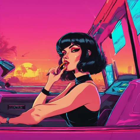 Synthwave style, hot russian girl with short black hair, all black style, smoking