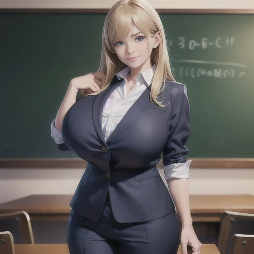 SFW, photorealistic, professional photo, Danielle Panabaker aged 19, medium cowboy shot, very long hair, extremely tall, slim, formal business attire, tucked in blouse, slacks, classroom, chalkboard, (huge tits:1.2), (top heavy:1.2), (oppai proportion:1.2)