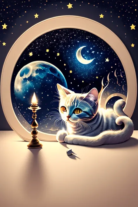 cat, masterpiece, moon, stars