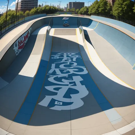 skate park with all ramp, bowl, rail park with art and graffiti typography