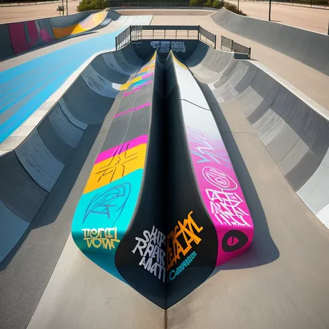 skate park all ramp, bowl, rail park with art and graffiti typography designs colorful topview angle