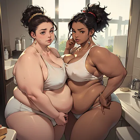 (Masterpiece, best quality, highres:1.3), realistic, 1girl, (african-american:1.3) woman, (morbidly obese:1.4), (USSBBW:1.4), fatblob, (thin face:1.2), (detailed, beautiful face), massive belly, double belly, weighing herself, head tilt, sad expression, su...